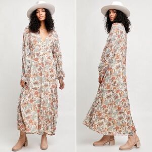 Free People Earthfolk Women's Tea Combo Printed Button Maxi Dress Duster, Medium